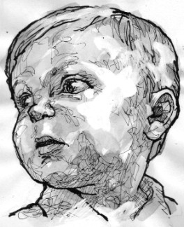 真顔斜方向像正面仰角イラスト ２歳男コーカソイド ペン画で人物表情たまに発想アイディア
